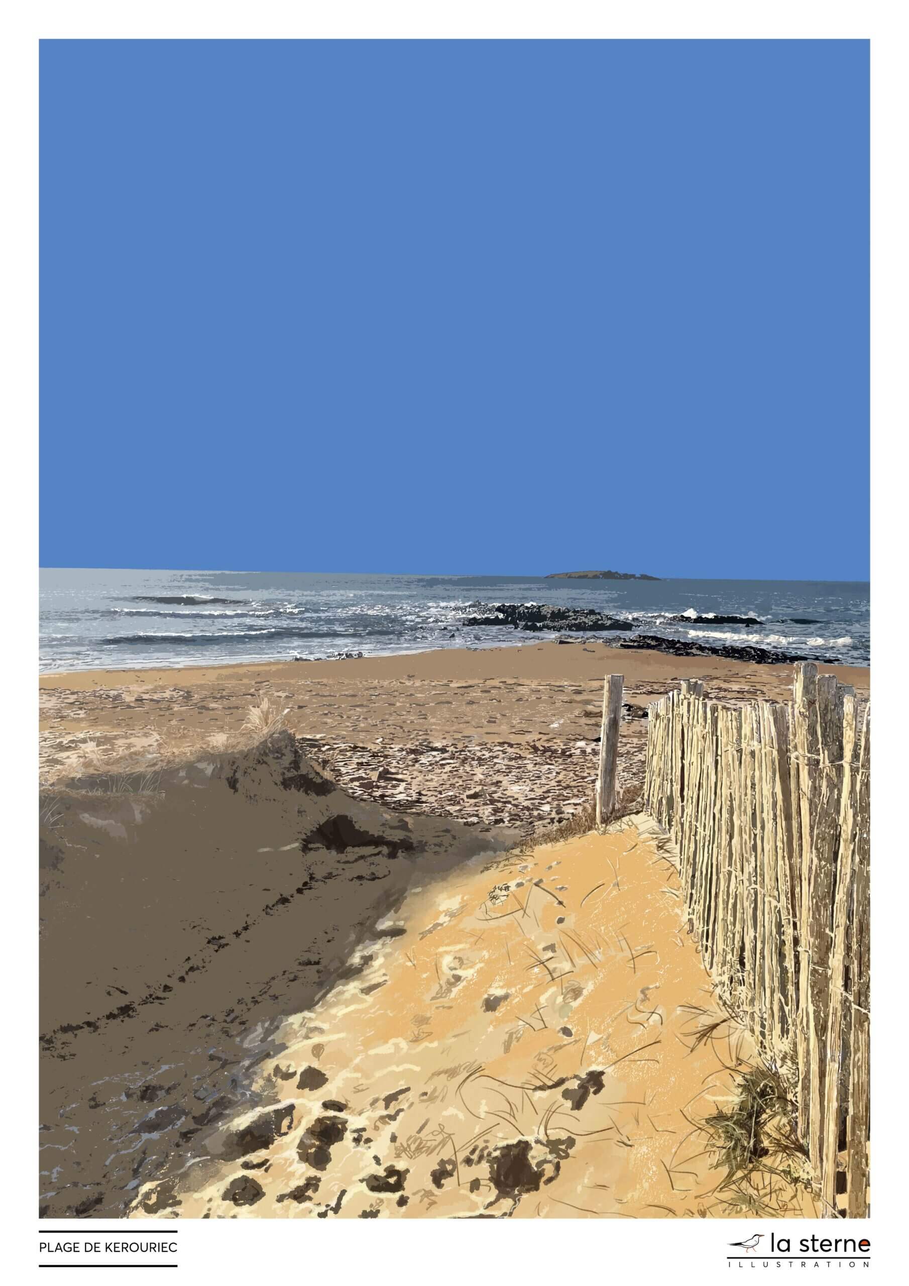 Affiche réalisée par La Sterne Illustration représentant la Plage de Kerouriec à Erdeven dans le Morbihan